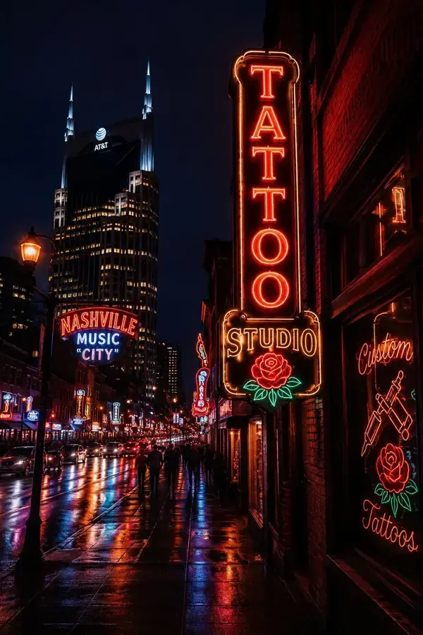 Nashville Broadway tattoo shop neon signs at night